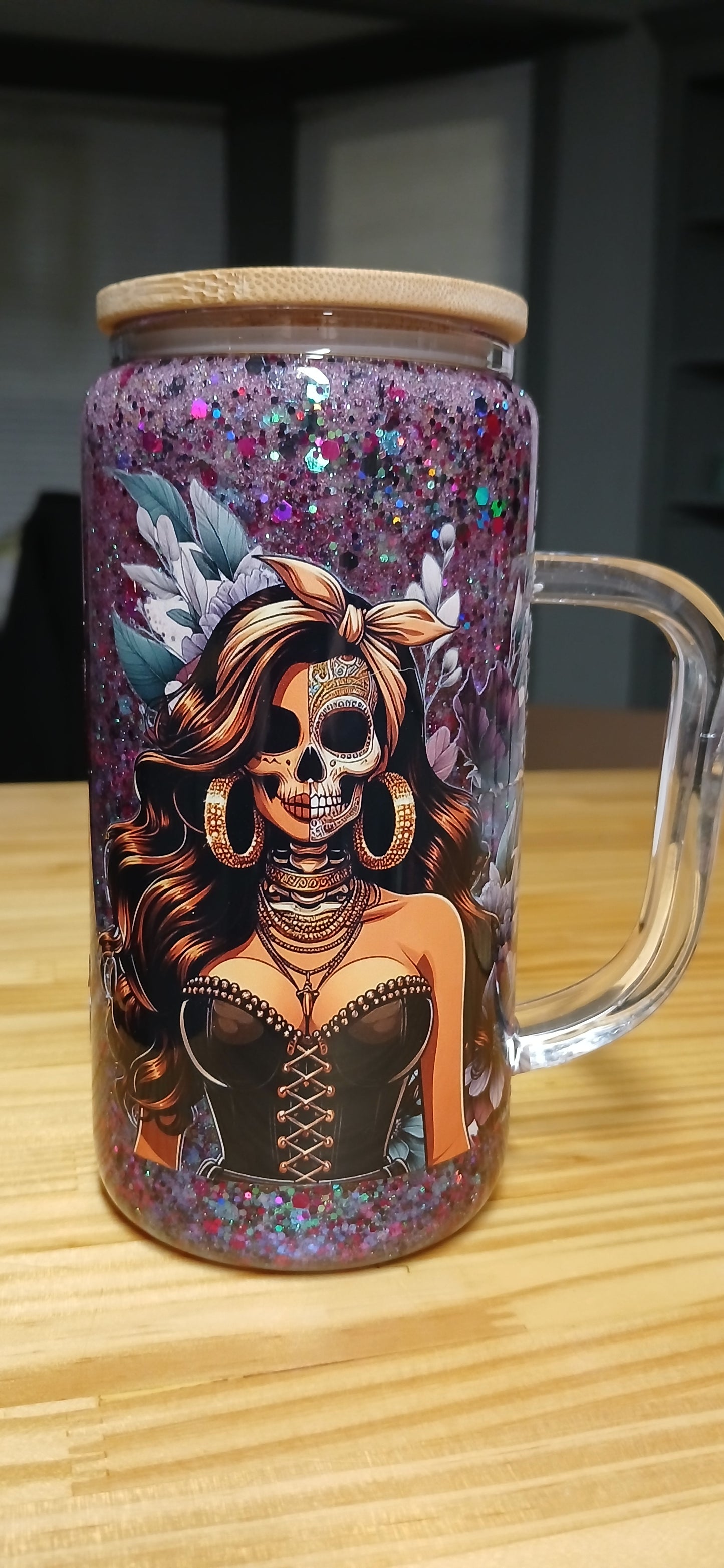 16 OZ GLASS Snow Globe Tumbler WITH Handle