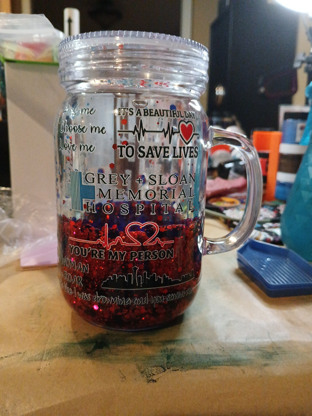 16oz Mason Jar Snowglobe LAVA with glitter